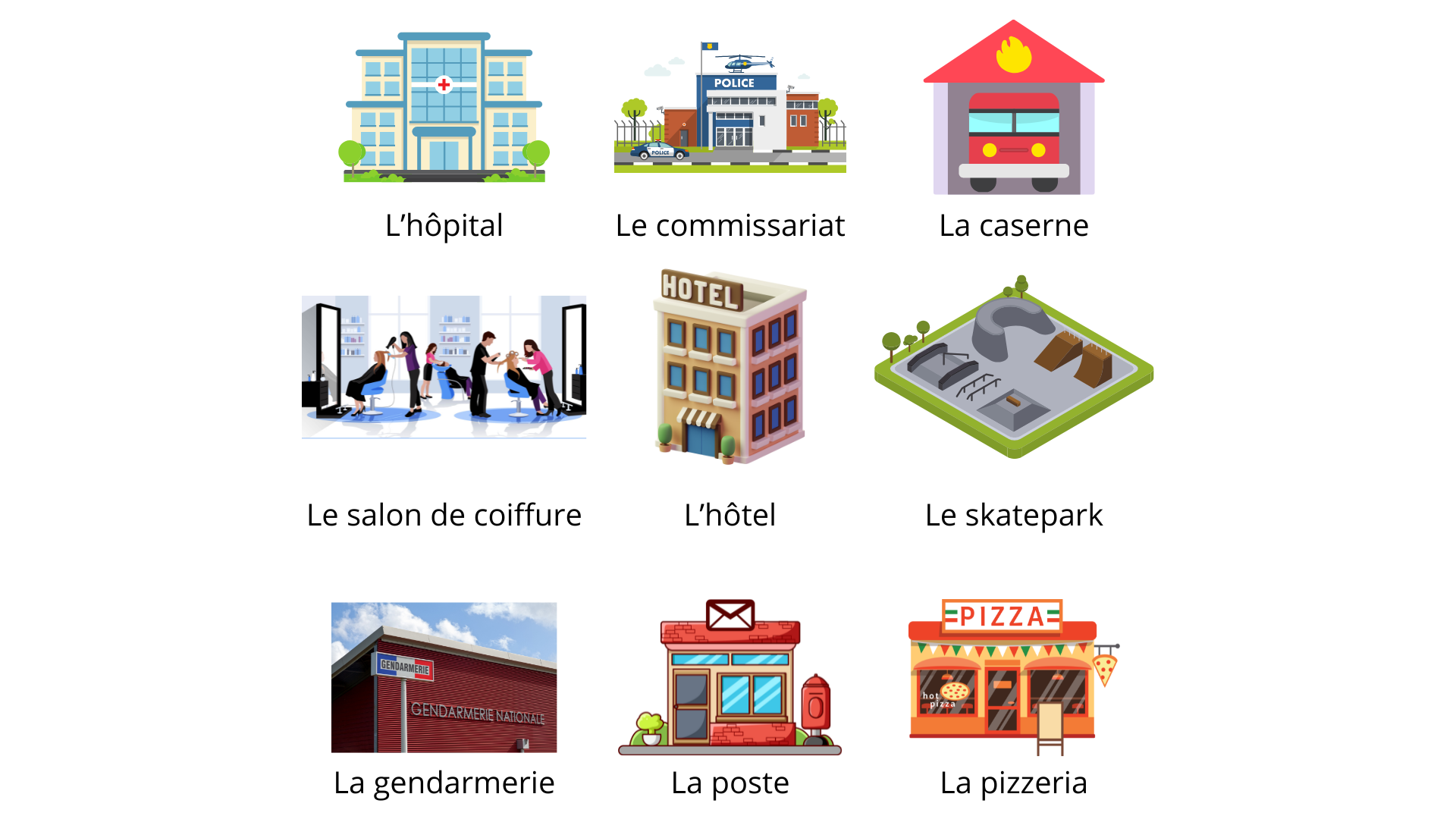 Images : l'hôpital, le commissariat, la caserne, le salon de coiffure, l'hôtel, le skatepark, la gendarmerie, la poste, la pizzeria