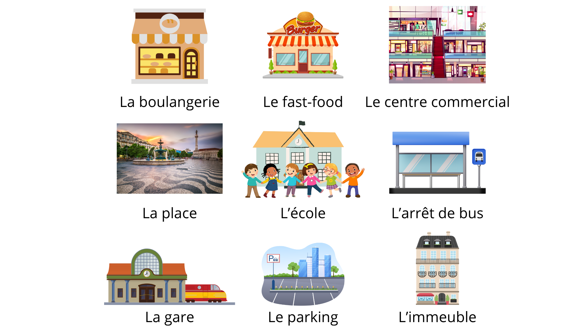 Images de : La boulangerie, le fast-food, le centre commercial, la place, l'école, l'arrêt de bus, la gare, le parking, l'immeuble